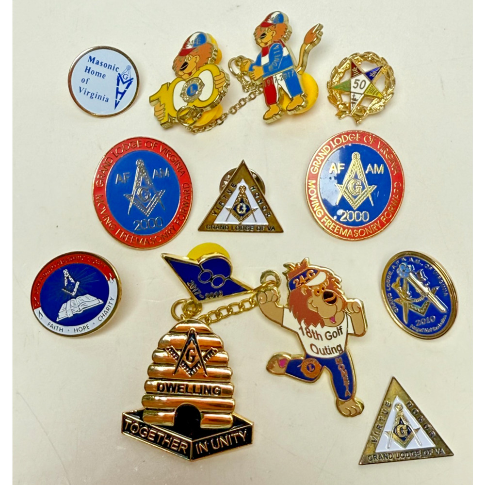 Lot of 11 Lions Club & Freemasonry Grand Lodge of Virginia Grandmaster Pins Tack